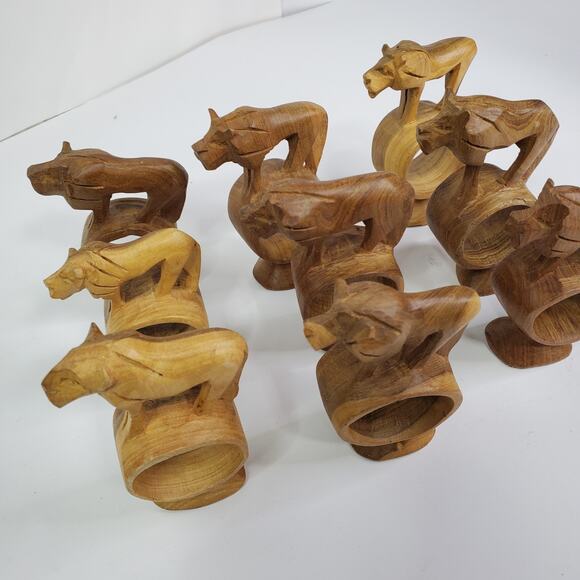 Handcrafted Wooden Lion Animal Napkin Rings Set of 9 Hand Carved in Kenya VTG - Picture 4 of 13